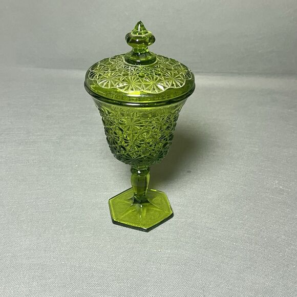 Vintage L.E. Smith Green Glass Candy Dish w/Lid Daisy And Button Footed Compote - Picture 9 of 10